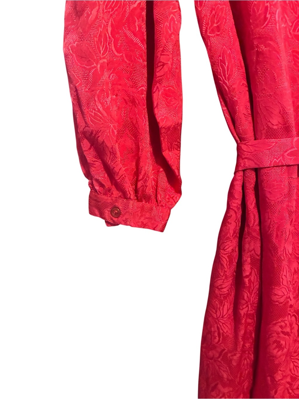 VTG 80s Disegni 100% Silk Red Floral Jacquard Midi Dress Puff Sleeve Belted 8 - Picture 5 of 11